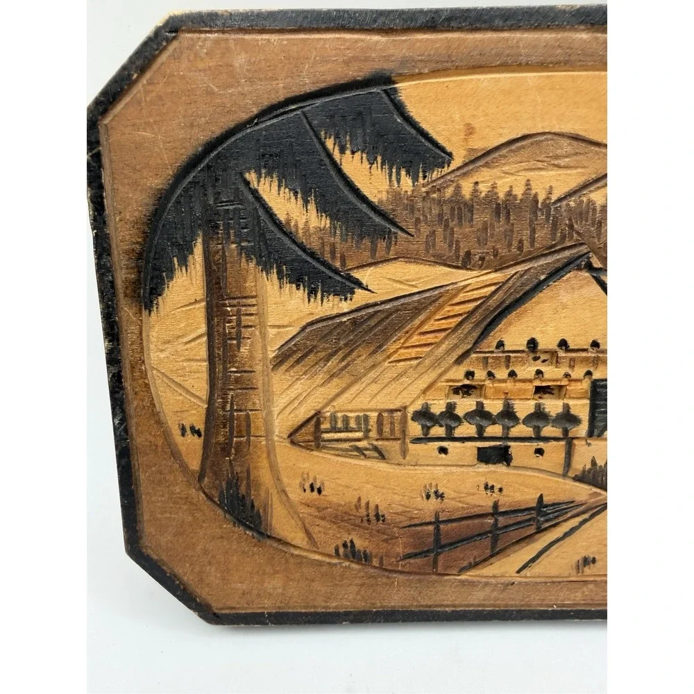 Wood Carved Mountain Village Scene Wall Plaque